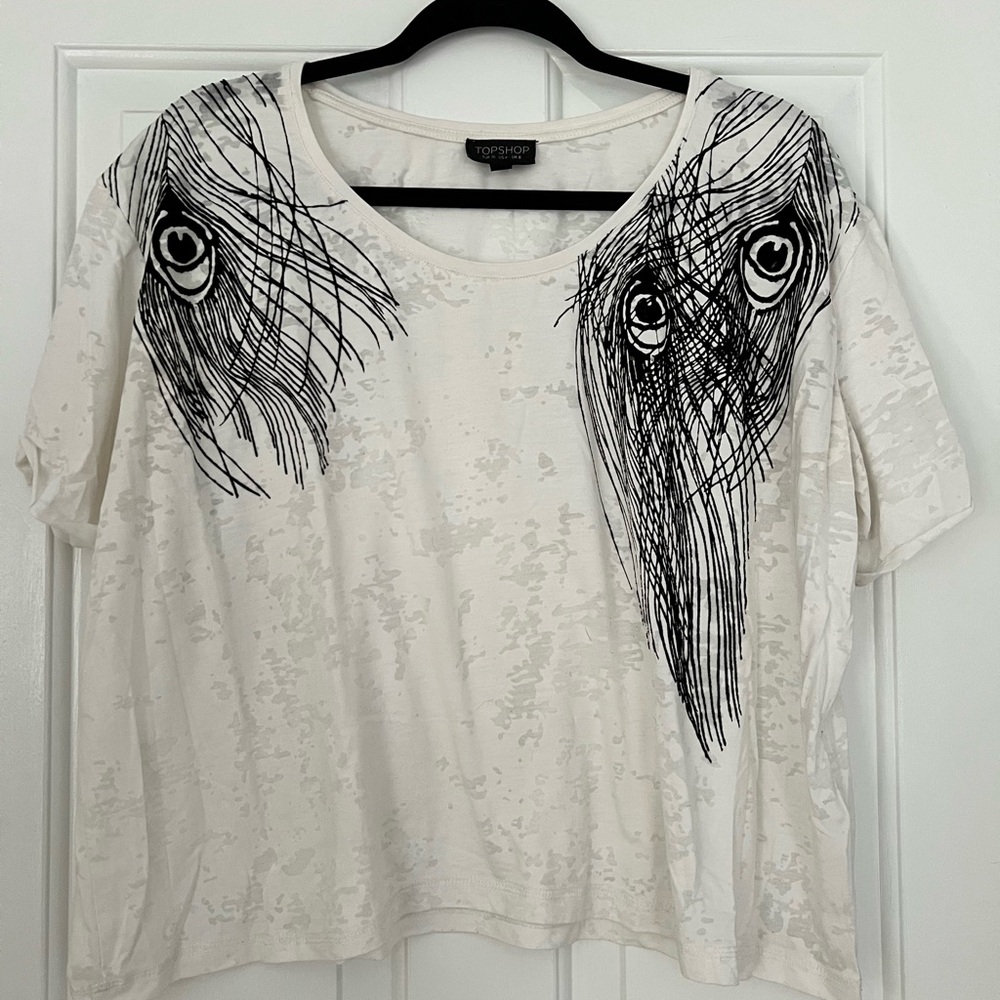 Topshop White Short Sleeve Tee with Black Feather Eye Graphic